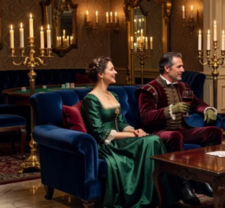 Arystokratyczny lounge w Widownia Play z miękkimi sofami i subtelnymi akcentami kasynowymi.