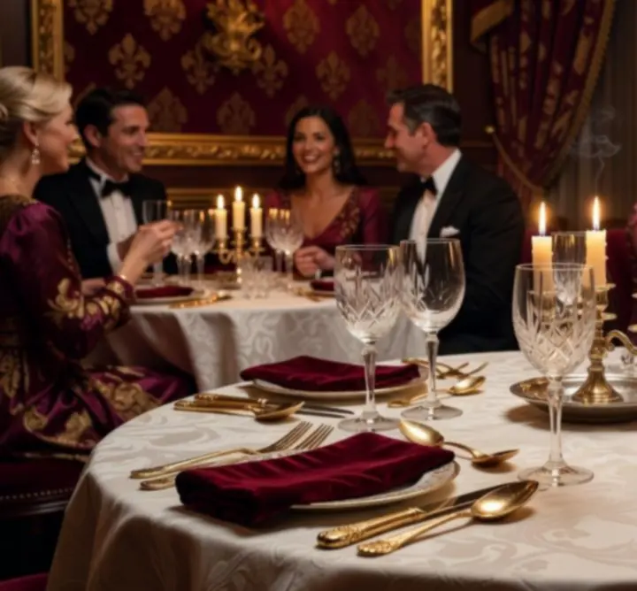 Elegancka sala restauracyjna Widownia Play z nakrytymi stołami i złotymi detalami.